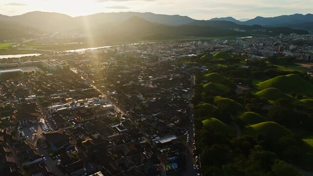 AERIAL: City architecture of Gyeongju meeting the ancient Silla Dynasty burial sites