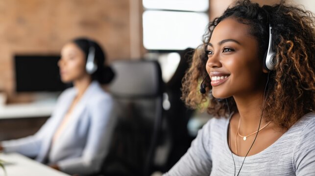 African female adult support agent smiling with headset in open call center environment focused and friendly customer care representative