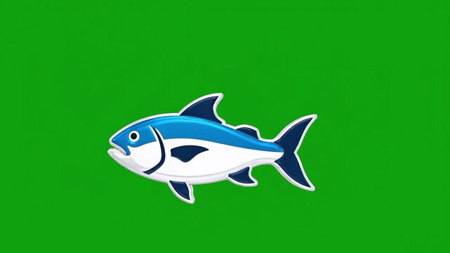 Animated Blue and White Fish Swims Across Green Screen Background.