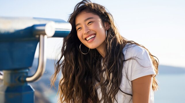 Asian female young adult laughing by seaside viewer scope wearing white tee and hoop earrings sunlit beach portrait carefree joyful traveler