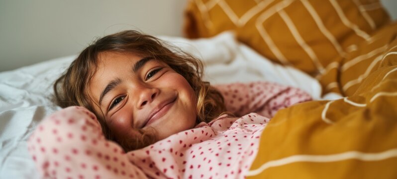 Smiling Child in Bed with Blanket