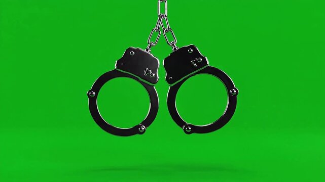Metal Handcuffs Hanging Against a Green Screen Background.