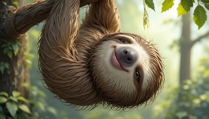 Fototapeta premium Cute sloth hanging on a tree branch in tropical rainforest