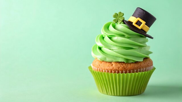 A delicious cupcake with green frosting and a St. Patrick's Day hat