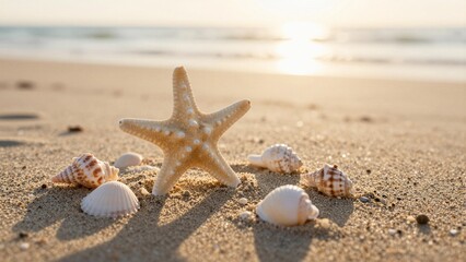 Obraz premium A starfish and various seashells rest on a sandy beach with gentle ocean waves in the background, creating a serene coastal scene.