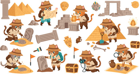 Fototapeta premium Adventurous Cat Archaeologist Vector Set with Exploration, Pyramids, Ancient Artifacts, and Excavation Tools for Discovery and History Designs