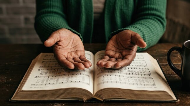 prayer, hands, hymnal, spirituality, worship, faith, christianity: close up of an African American person in a green sweater praying over open sheet music on a rustic wooden table.