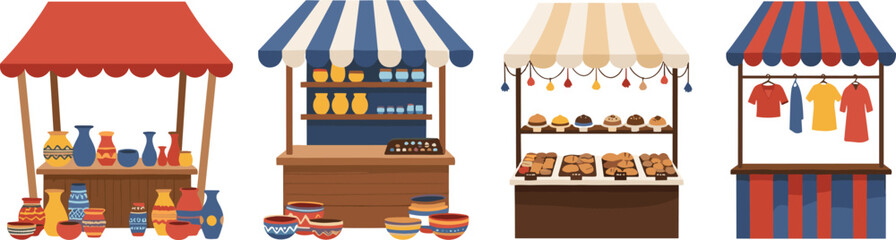 Naklejka premium Market Stall Vector Set with Colorful Booths Selling Pottery, Baked Goods, and Clothing for Retail, Market, and Vendor Designs