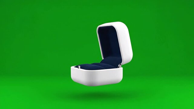 Elegant white jewelry box with blue velvet interior on green background.