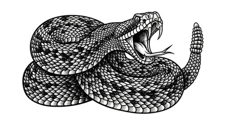 Aggressive Rattlesnake coiled, striking pose, open mouth, fangs, detailed scales, white background © Yunan