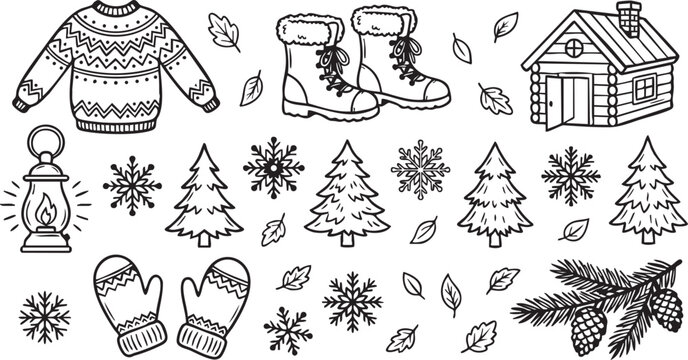 Charming hand drawn black and white vector graphic set includes winter clothing like a patterned sweater and fur lined boots cozy mittens a glowing lantern a small log cabin several stylized snowflake