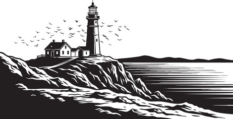 Towering lighthouse illustration stands majestically on a rugged coastal cliff overlooking a serene ocean with a flock of birds gracefully soaring above, its strong beam historically guiding ships © zain