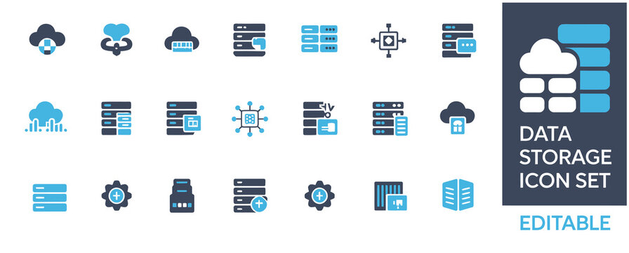 Data storage icon set in flat vector style, cloud computing and server database icons, blue and black network technology symbols for web design
