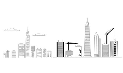 Obraz premium city skyline with skyscrapers and construction cranes in urban landscape with clouds