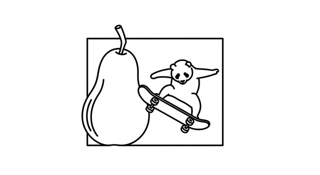 Cute Panda Riding Skateboard Next to Pear, Whimsical Illustration