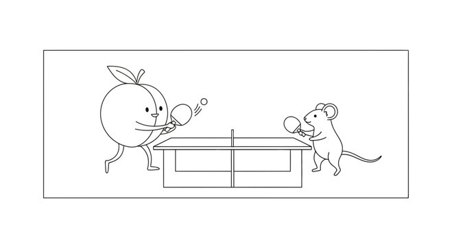 Cute Peach and Mouse Playing Ping Pong Together on a Table