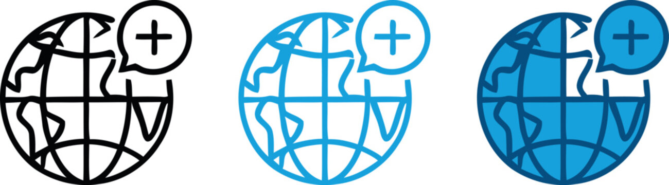 Icon design variations of globe with plus sign for international symbol or logo