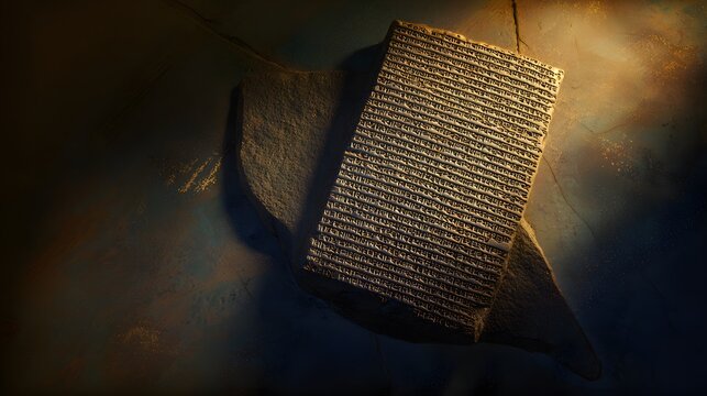 Ancient Cuneiform Tablet Illustration Warm Light Detailed Stone Surface Historical Depth Artistic Concept