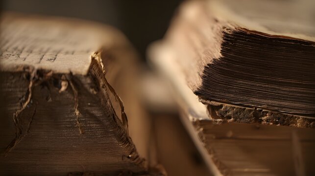 Ancient Holy Scriptures reveal timeworn pages and delicate textures bathed in soft light evoking history