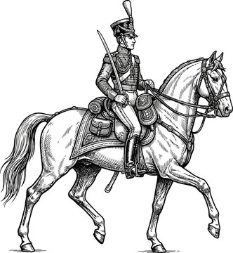Napoleonic hussar soldier riding a horse with a sword