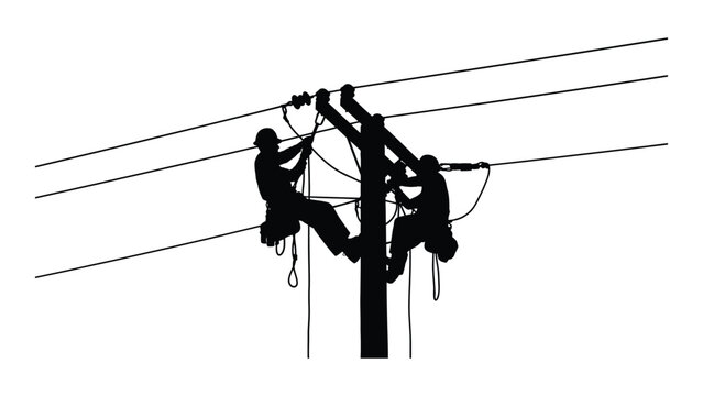 Linemen working on high voltage power lines on a pole