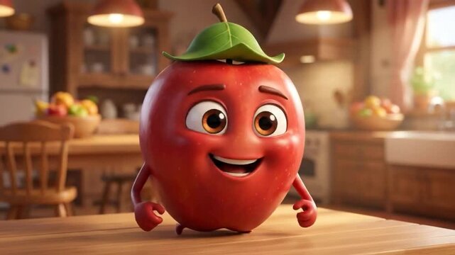 Happy animated apple character waving cheerfully in cozy kitchen setting