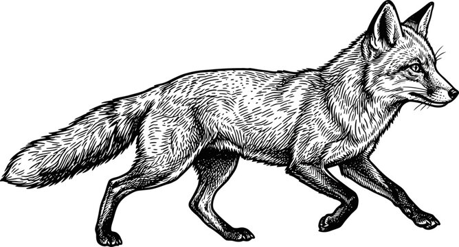 Wild fox walking in a detailed woodcut engraving style