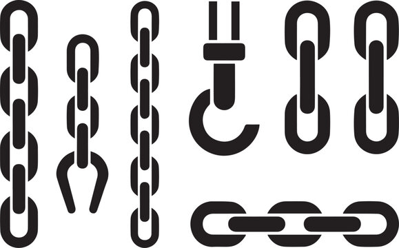 Industrial chain link silhouettes with metal hook and heavy duty hardware icons for construction manufacturing and safety concept illustrations