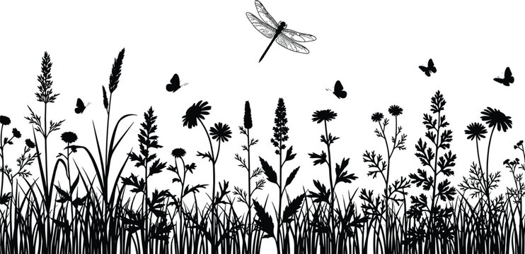 Wildflower meadow silhouette with grass butterflies and dragonfly isolated on white background nature floral vector illustration for design use