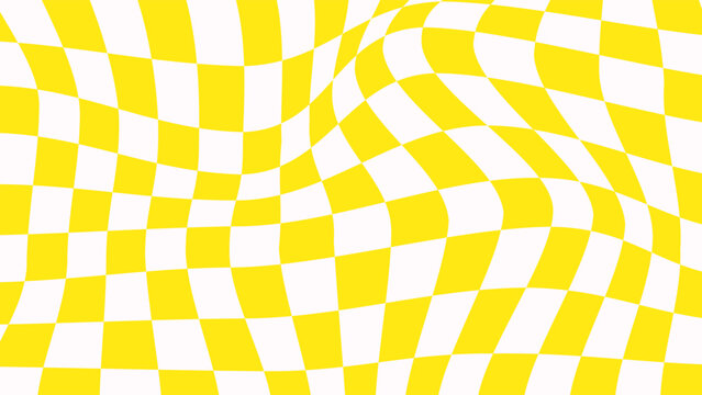 Psychedelic checkerboard wavy pattern yellow chessboard background. Distorted geometric grid checker board wallpaper