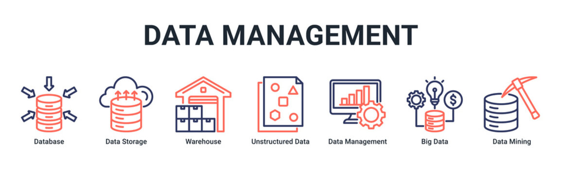 Data Management web banner icon vector illustration with Database,Data Storage,Warehouse,Unstructured Data,Data Management,Big Data,and Data Mining