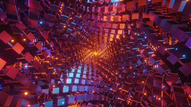 4k loop video of Dynamic rhythmic vj tunnel with interlocking geometric shapes and glowing energy for VJ sets, high-tech club visuals,  electronic music festivals, stage screens and LED video walls