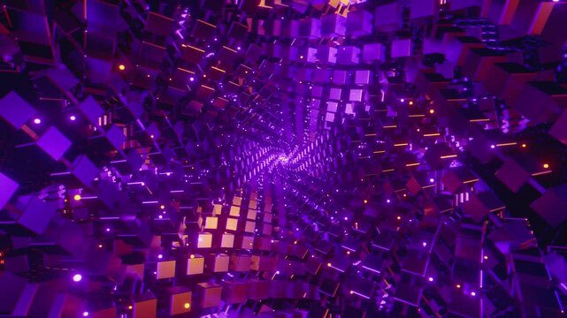 4k loop video of Dynamic rhythmic vj tunnel with interlocking geometric shapes and glowing energy for VJ sets, high-tech club visuals,  electronic music festivals, stage screens and LED video walls