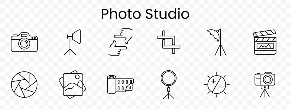 Photo studio set icon. Outline photography tools, camera, softbox light, backdrop roll, focus frame, umbrella light, clapperboard, aperture, photo stack, film roll, ring lamp, brightness control