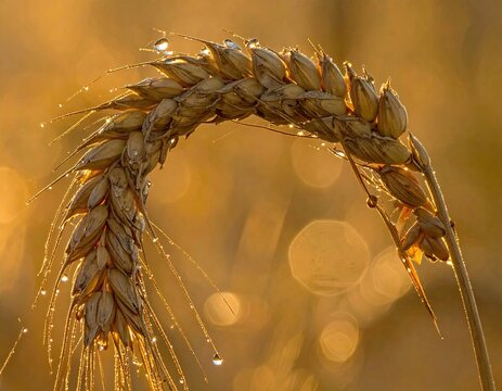 Wheat stalk glitters with dew in warm, golden light