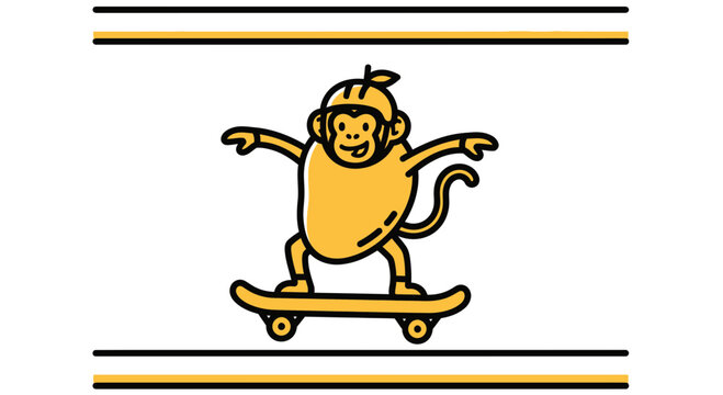 Cute cartoon monkey character on a skateboard, yellow and orange colors, playful mascot illustration