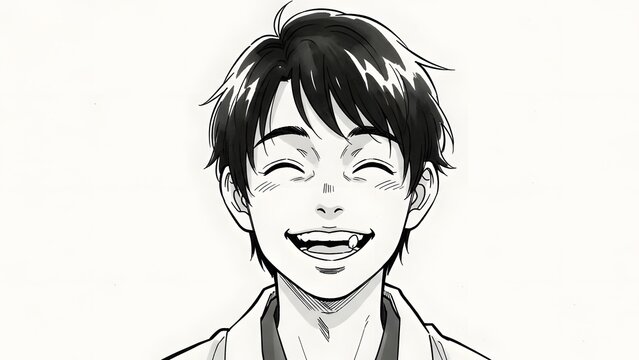 Black and white manga-style illustration of a young man with short dark hair, smiling broadly and showing his teeth, expressing joy and happiness.