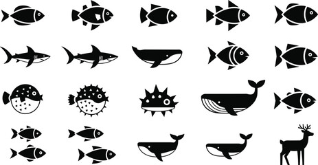 Mega, collection, of, fish, silhouettes, including, shark, whale, pufferfish, and, aquatic, animals, isolated, on, white, background, vector, icon, set, design. © Rahim 