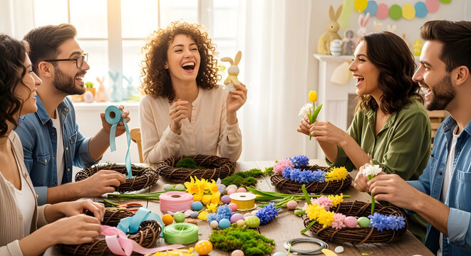 Joyful diverse friends gather around a table, crafting vibrant Easter decorations and wreaths, sharing laughter and creative moments for a festive spring celebration at home