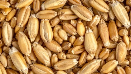 Fototapeta premium Pile of wheat grains fills frame. Close up, golden tan