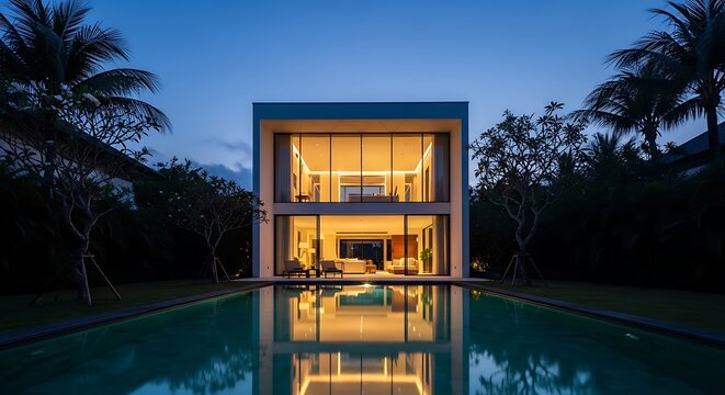 Modern luxury villa architecture at twilight with illuminated interior and swimming pool reflection in a tropical garden setting