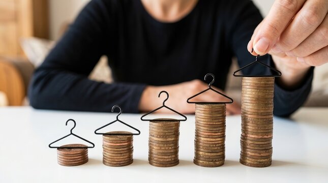 investment, finance, fashion, clothes, growth, hanger, budget. Concept of rising costs and financial planning for retail business and personal wardrobe expenses with stacked coins.