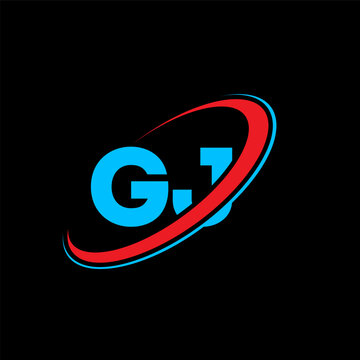 GJ G J letter logo design. Initial letter GJ linked circle uppercase monogram logo red and blue. GJ logo, G J design. gj, g j