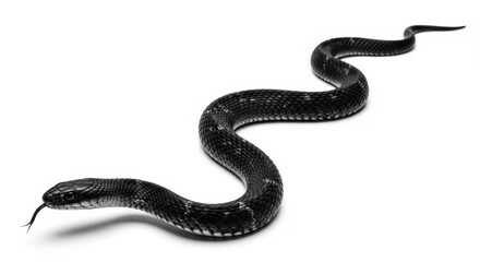 Obraz premium A black snake with a slender body and pointed tail on a white background
