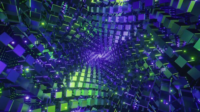 4k loop video of Dynamic rhythmic vj tunnel with interlocking geometric shapes and glowing energy for VJ sets, high-tech club visuals,  electronic music festivals, stage screens and LED video walls