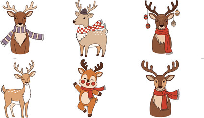 Naklejka premium Set of 6 Cute Christmas Reindeer Illustrations with Scarves, Ornaments, and Festive Accessories for Holiday, Winter, and Seasonal Designs