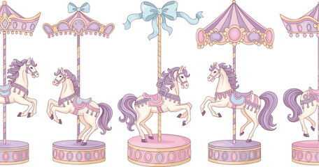 Obraz premium Set of 5 Carousel Horse Illustrations in Pastel Colors for Amusement Park, Fair, and Fun-Themed Designs