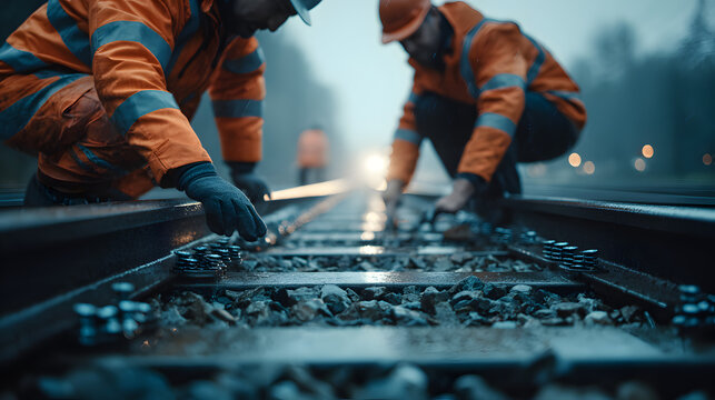 Two railway workers in orange safety jackets inspecting and maintaining train tracks on a gloomy day