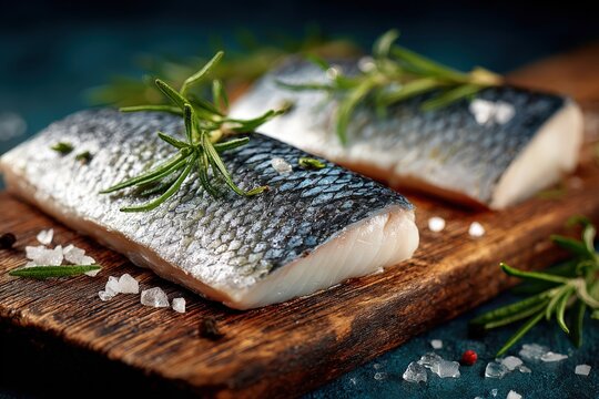Fresh fish fillets with silver skin garnished with rosemary and sea salt on a wooden cutting board against a dark blue background