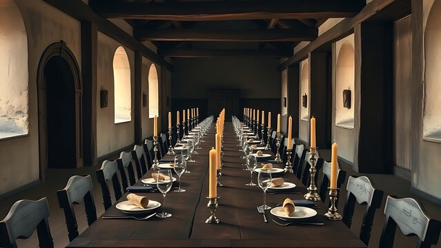 refectory. A long wooden refectory table set with simple tableware in an ancient monastery. event programs, museum guides, designed for cultural heritage projects and event programs.